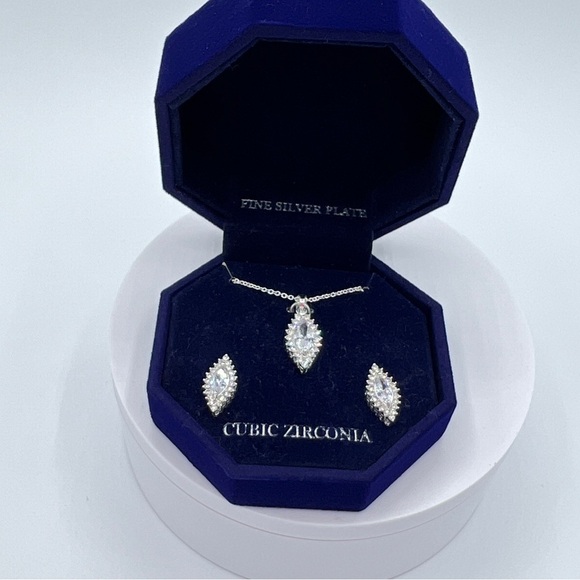 Cubic Zirconia Navette Pendant Necklace & Drop Earrings Set in Fine Silver Plate - Picture 3 of 7